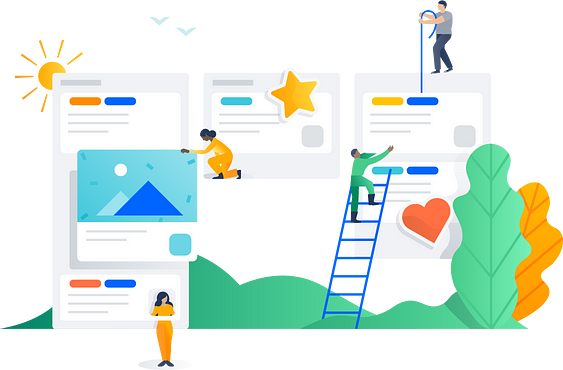 A fanciful illustration of people moving colorful Trello cards around
