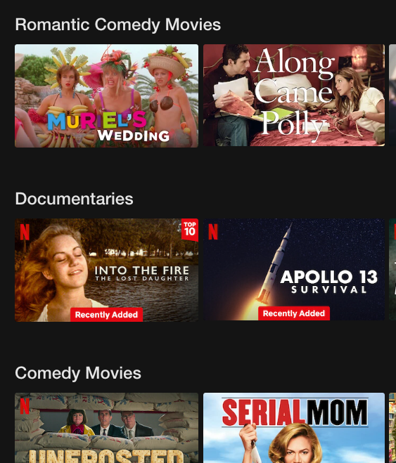 The top of Erin’s Netflix “Movies” tab with categories for Romantic Comedies, Documentaries, and Comedies