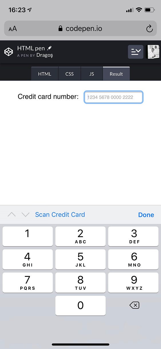 Screenshot of the iOS on-screen numeric keyboard, displayed for a credit card input field