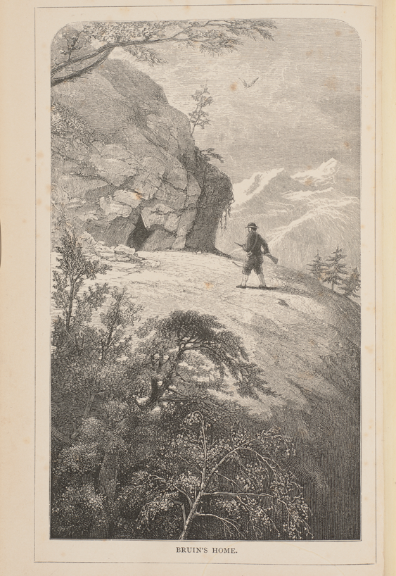 Engraving of a man with gun approaching a cave