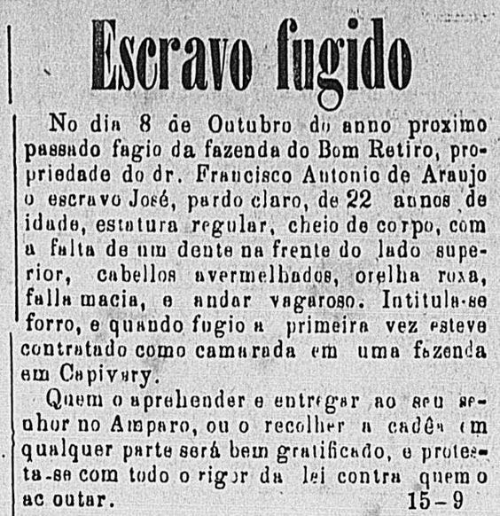 Trecho de reportagem sobre fuga de escravo em jornal do sec. XIX.