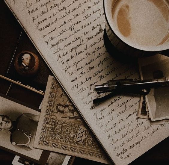 Lined paper with cursive writing, a pen, a cup of coffee and a variety of other desk items