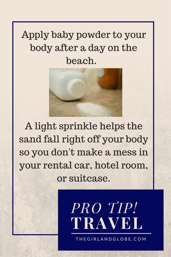 Baby powder is a must-have item for your summer beach trip. Check out more tips and great items for your summer packing list! Plan a great day at the beach.