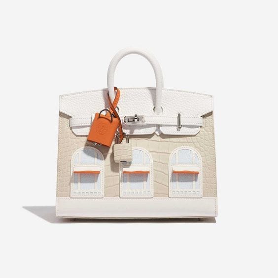 Sac Birkin Faubourg showing the shopfront designed on the bag.