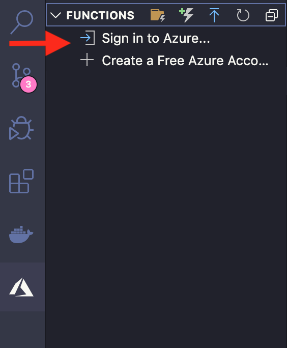 Azure toolbox being displayed in Visual Studio Code and a arrow pointing to “Sign in to Azure” button