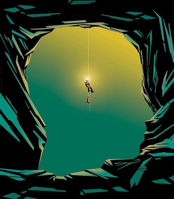 The Image shows a vivid description of a person looking within himself carrying a guiding lightbox. The person is hanging from a rope and the space he is hanging onto is outlining to be the face of a person