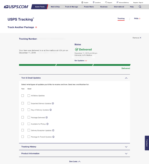 Figür 6: Güncellemeleri Kişiselleştirme İmkânı Sağlayan USPS Kargo Takip Ekranı