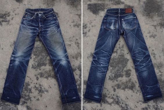 A pair of faded Samurai Jeans featuring the famous electric blues