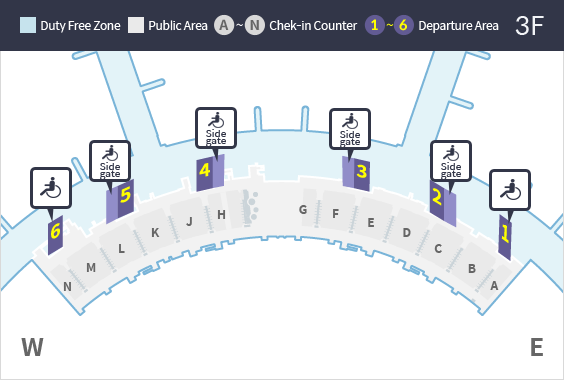 A map of Incheon Airport Terminal 3. It is shaped like an ark. There is an open space, then six departure areas that lead into clusters of airport gates.