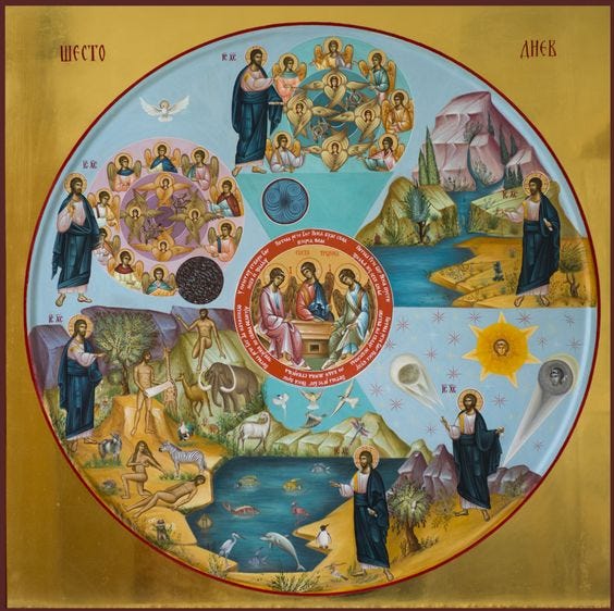 Orthodox Christian Icon with many scenes of Christ creating, Angels, earth and seas, celestial bodies, animals, Adam and Eve, and then having ascended still wearing our human nature.