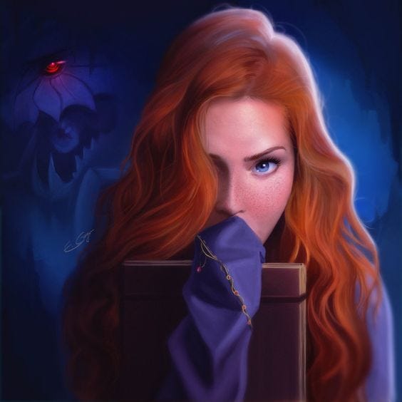 Red-haired girl with her book in deep blue-purple colors.
