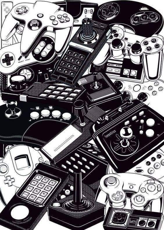 A black and white picture of a pile of gaming consoles