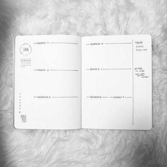 Doble página de un cuaderno con un recuadro para cada día de la semana