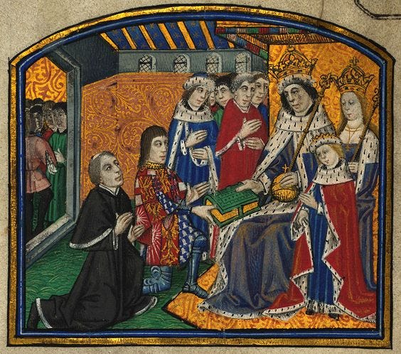 Presentation miniature from Dictes and Sayings of the Philosophers, the first printed book in the English language, translated by en:Anthony Woodville, 2nd Earl Rivers, younger brother of Queen Elizabeth Woodville, and printed by William Caxton. The miniature shows Rivers presenting the book to his brother-in-law King Edward IV, accompanied by his consort Queen Elizabeth Woodville and her son Edward, Prince of Wales. Lambeth Palace Library, MS 265.