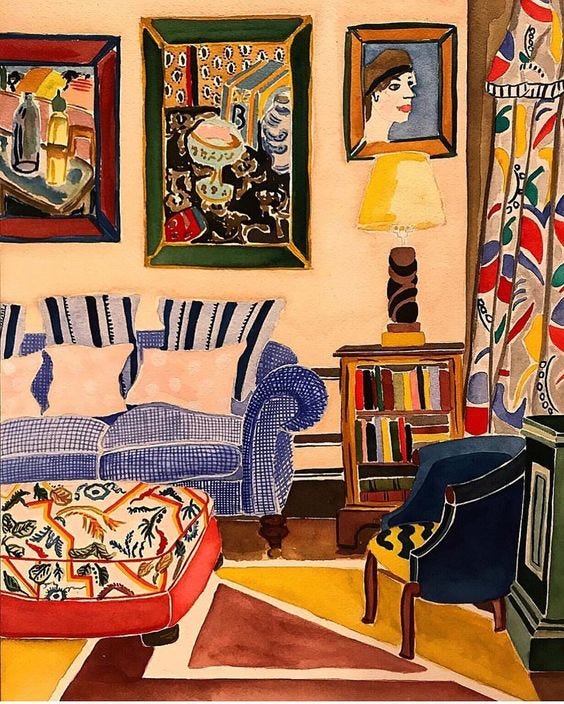 Uma pintura digital retratando uma sala colorida, com sofá, quadros, mesa de centro, poltrona e uma estante pequena com um abajur em cima, além de uma cortina colorida ao fundo.