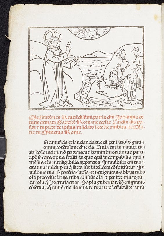 A page from Mediationes vitae Christi. The top half of the page contains an uncoloured illustration depicting Christ and several animals, including fish and mammals. Beneath the design is a rubric followed by a paragraph of Latin text.