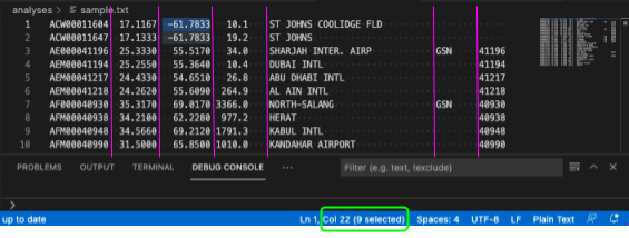 Screenshot in Visual Studio Code highlighting the status bar