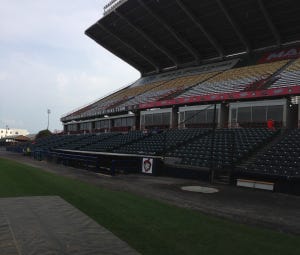 The first-base upper deck at the Diamond in Richmond, Virginia.