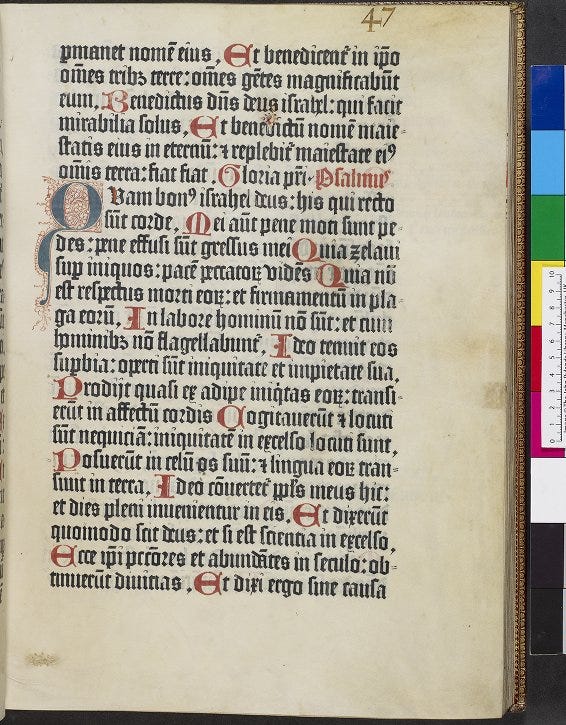 Page of Latin text mainly in black with some rubricated initials and one illuminated initial ‘Q’