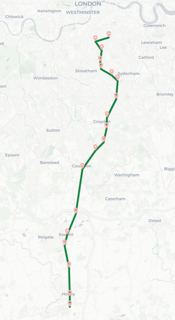 Map of fast route from Denmark Hill to Gatwick Airport showing no meandering