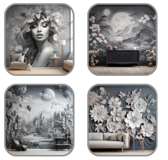 3D wallpaper mural, grayscale — Midjourney
