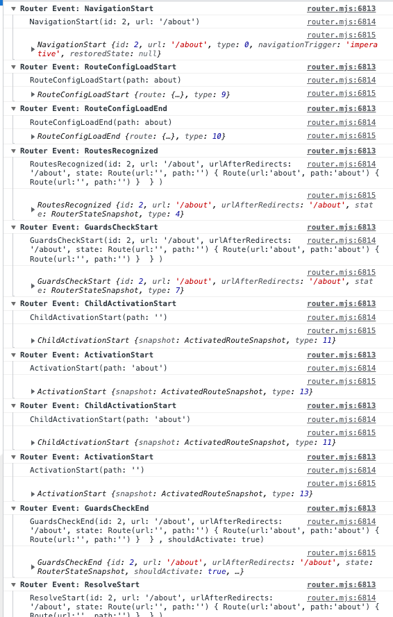 Router events logged on the developer tools console