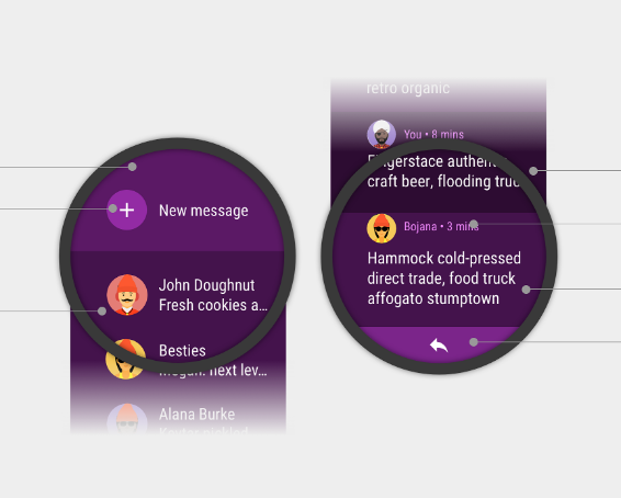 Image showing Google’s usage of monochromatic color palette in their Messages app on smartwatch.