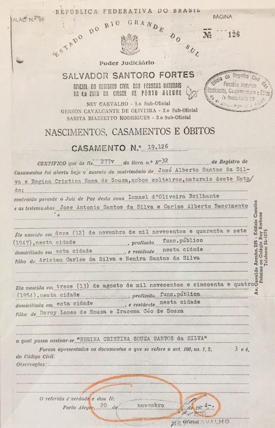 Regina e José Alberto Santos da Silva, certidão de casamento, 20 de novembro de 1974. Acervo da família.