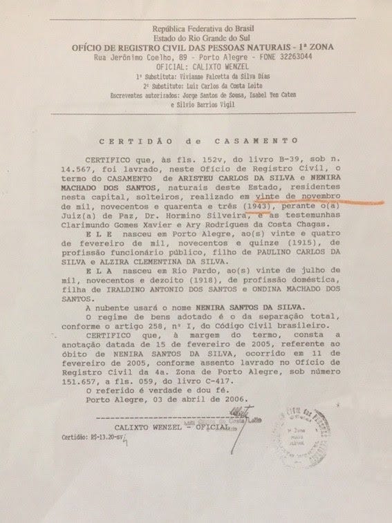 Nenira e Aristeu Carlos da Silva, 20 de novembro de 1943. Certidão de casamento atualizada. Acervo da família.