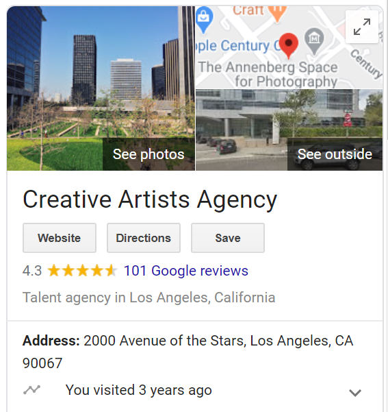 Google image of Creative Artists Agency. “You visited 3 years ago.”