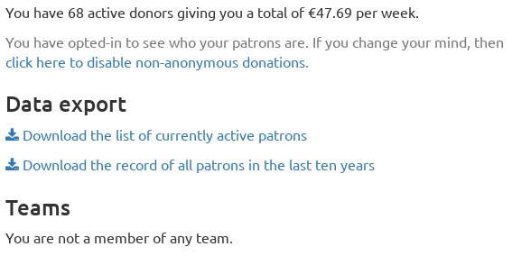 Partial screenshot of a Patrons page after enabling non-anonymous donations. It shows three possible actions: disabling non-anonymous donations, downloading the list of currently active patrons, and downloading the record of all patrons in the last ten years.