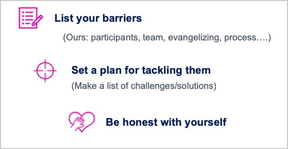 Icons of a checklist, target, and heart with text “List your barriers; Set a plan for tackling them; Be honest with yourself”