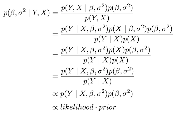 The posterior distribution is proportional to likelihood multiplied by the prior