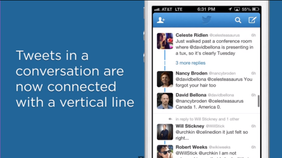 A screenshot of a video reporting on Twitter’s new design that added a blue line connecting replies to the original tweet.