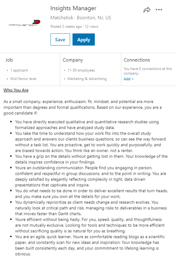 A job posting for an Insights Manager with the requirements and experience section.