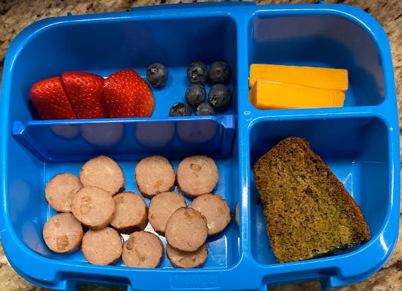 4 Compartment Bento with strawberries, blueberries, cheese, sausage, veggie bread