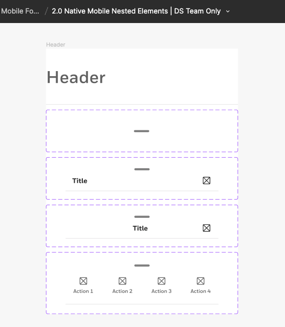 Four separate components in Figma grouped together with the label ‘Header’ for the Bottom Sheet component’s header instance swap