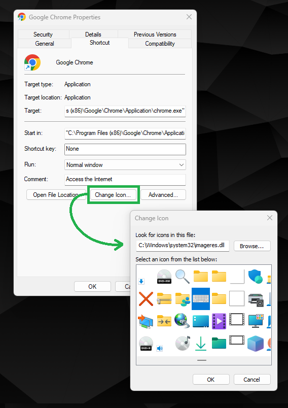 Screenshot showing Chrome’s shortcut “Properties” panel pointing whre you need to click to browse icons.