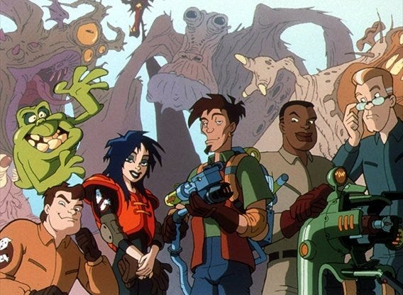 A promotional still from Extreme Ghostbusters, showing the main characters against a backdrop of ghostly beings.