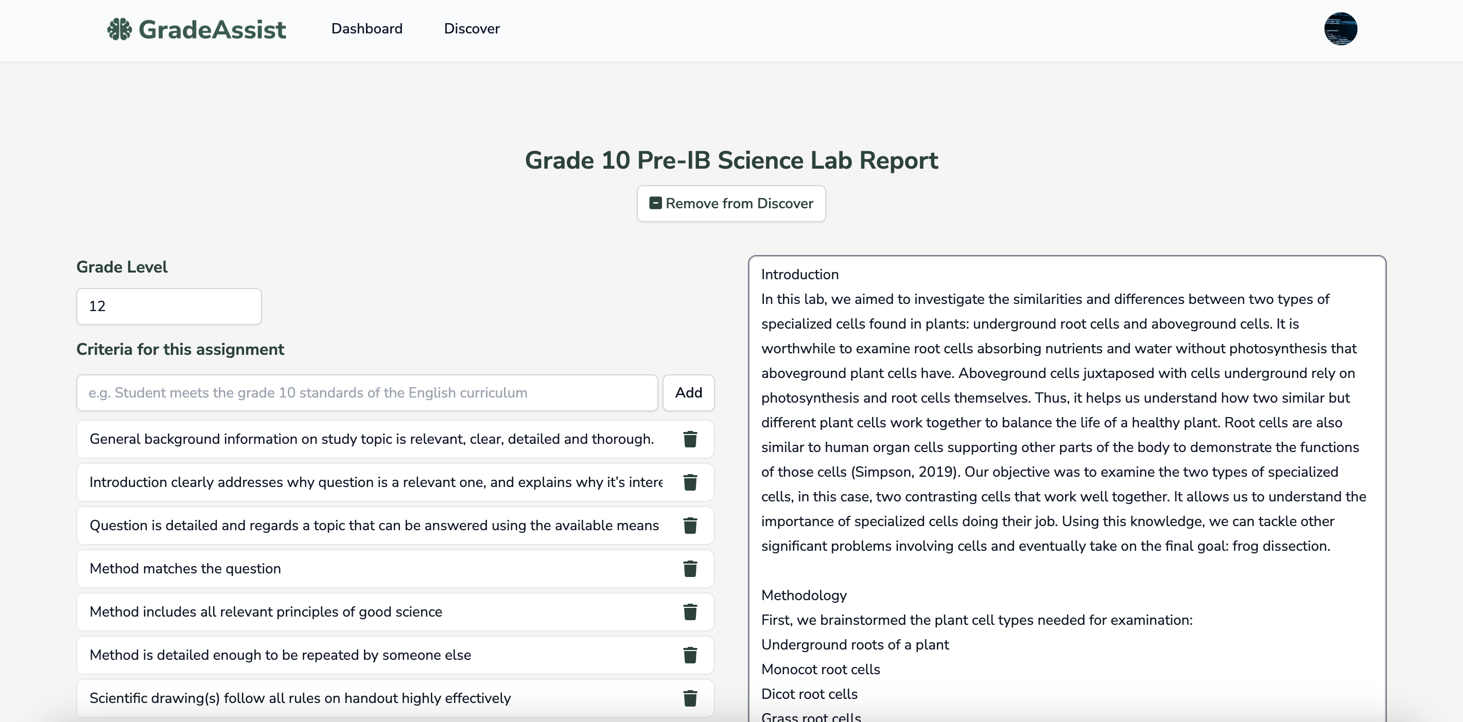 An example of criteria sourced from a Science Lab Report Rubric