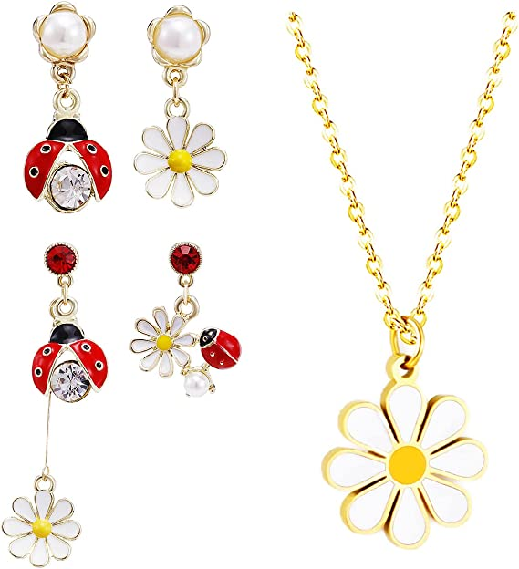 daisy and insect necklace and colorful drops