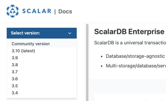 Version selector for ScalarDB documentation