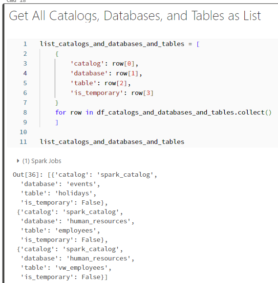 Collecting tables, databases, and catalogs into a list