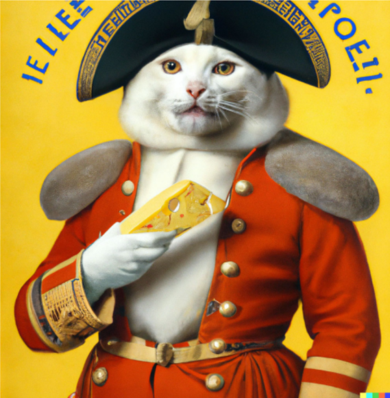AI generated image of picture of a cat dressed as Napoleon holding a piece of cheese