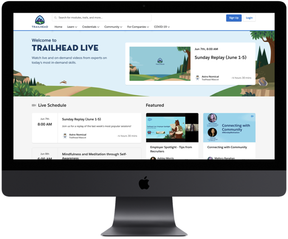 Desktop showing the Trailhead LIVE homepage complete with Live Schedule and Featured videos.