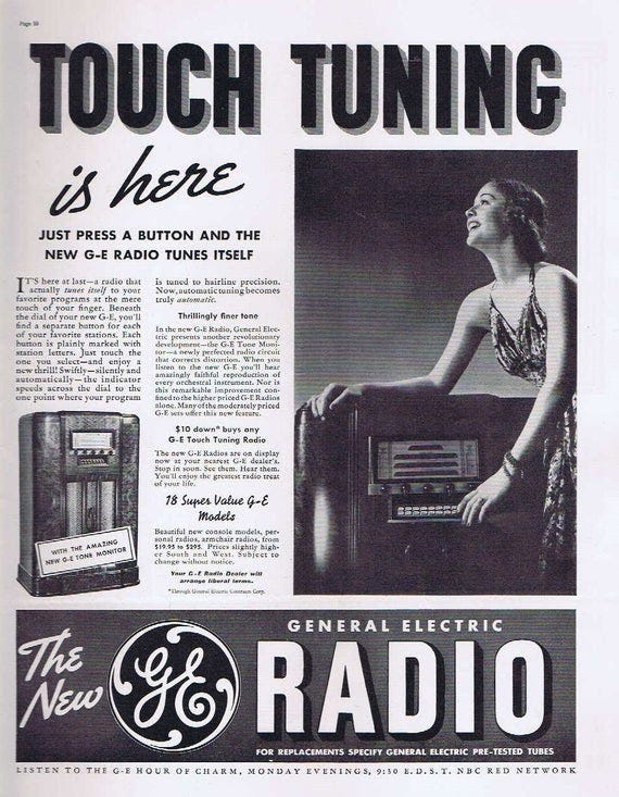 Publicidade antiga de um rádio com botões utilizados para sintonizar novas estações