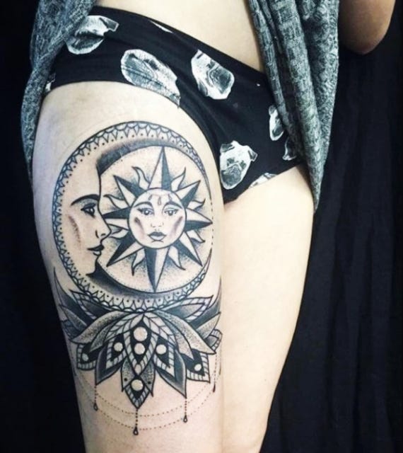 7 Sun and Moon Tattoo Designs with Meanings - moon and sun thigh tattoobr /

