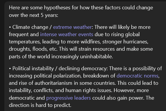 AI-generated hypotheses for how climate change and political instability could change in future.