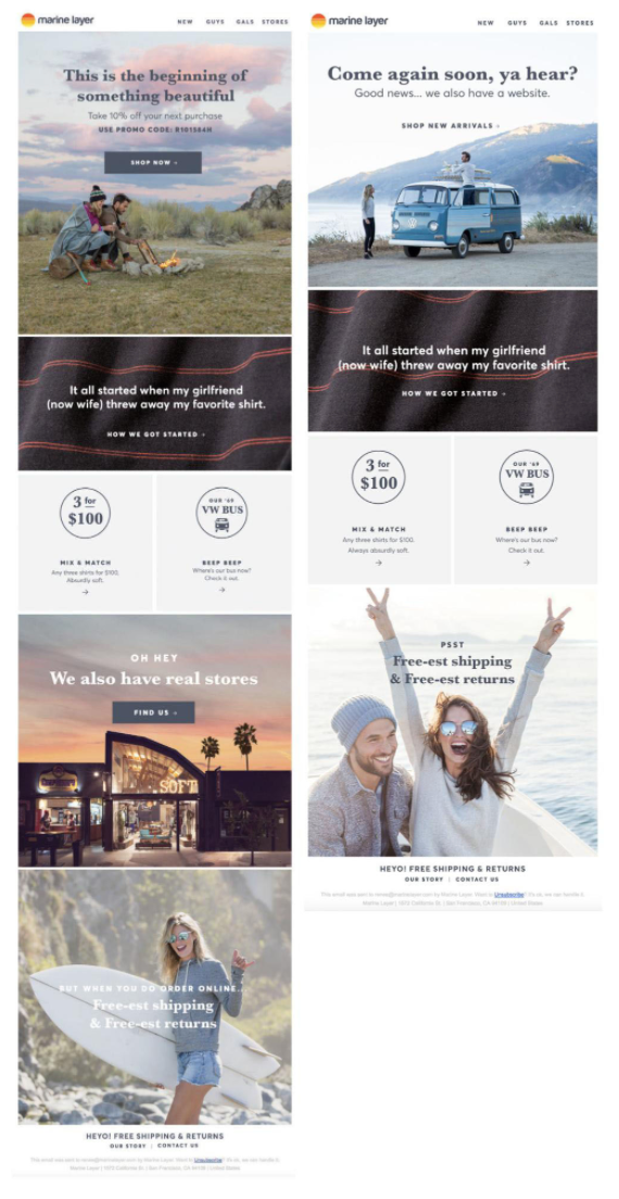 Images of two different welcome emails sent by the brand “Marine Layer” based on whether their customers visited them in store or signed up to receive emails on their website.