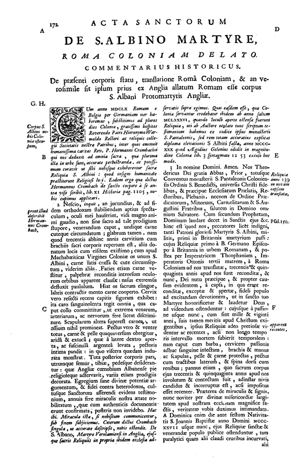 The first page of the Translatio account of Saint Alban in the Acta Sanctorum.